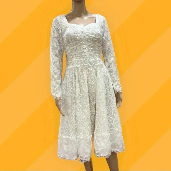 Mayvens Dresses & Skirts - Vintage 80s Mayvens California Kate Middleton tea length white lace dress-5